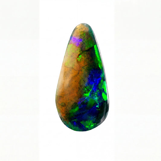 A teardrop-shaped polished opal gemstone displaying vibrant iridescent colours including green, blue, purple, and orange on a clean white background.