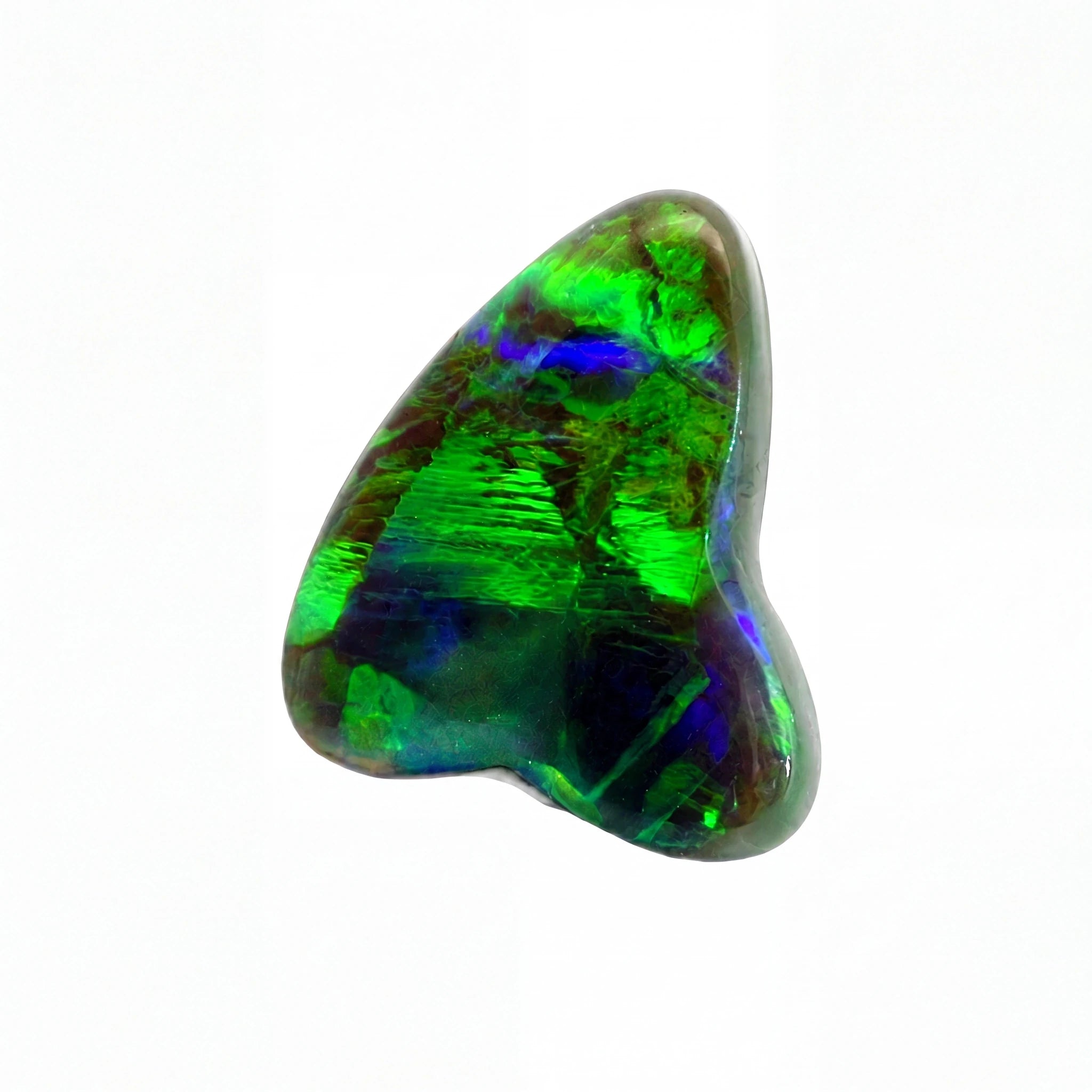 A polished triangular opal stone with vibrant green, blue, and purple iridescent play-of-colour, set against a plain white background.