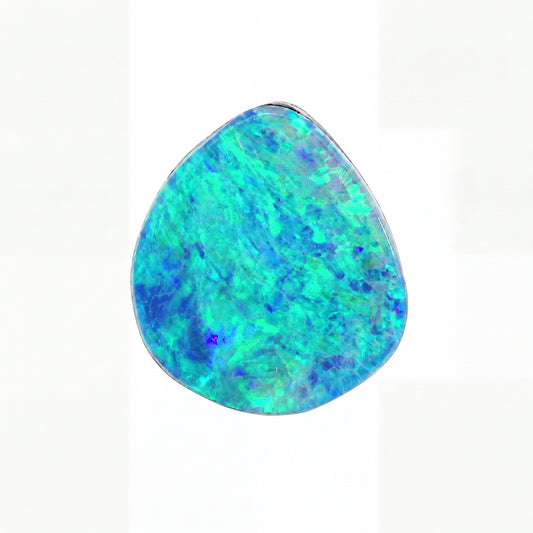 Teardrop-shaped opal stone with a vibrant blue and green colour on a white background
