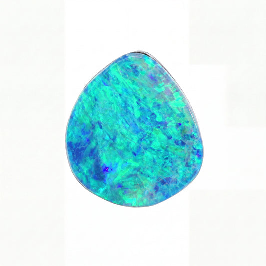 Teardrop-shaped opal stone with a vibrant blue and green colour on a white background