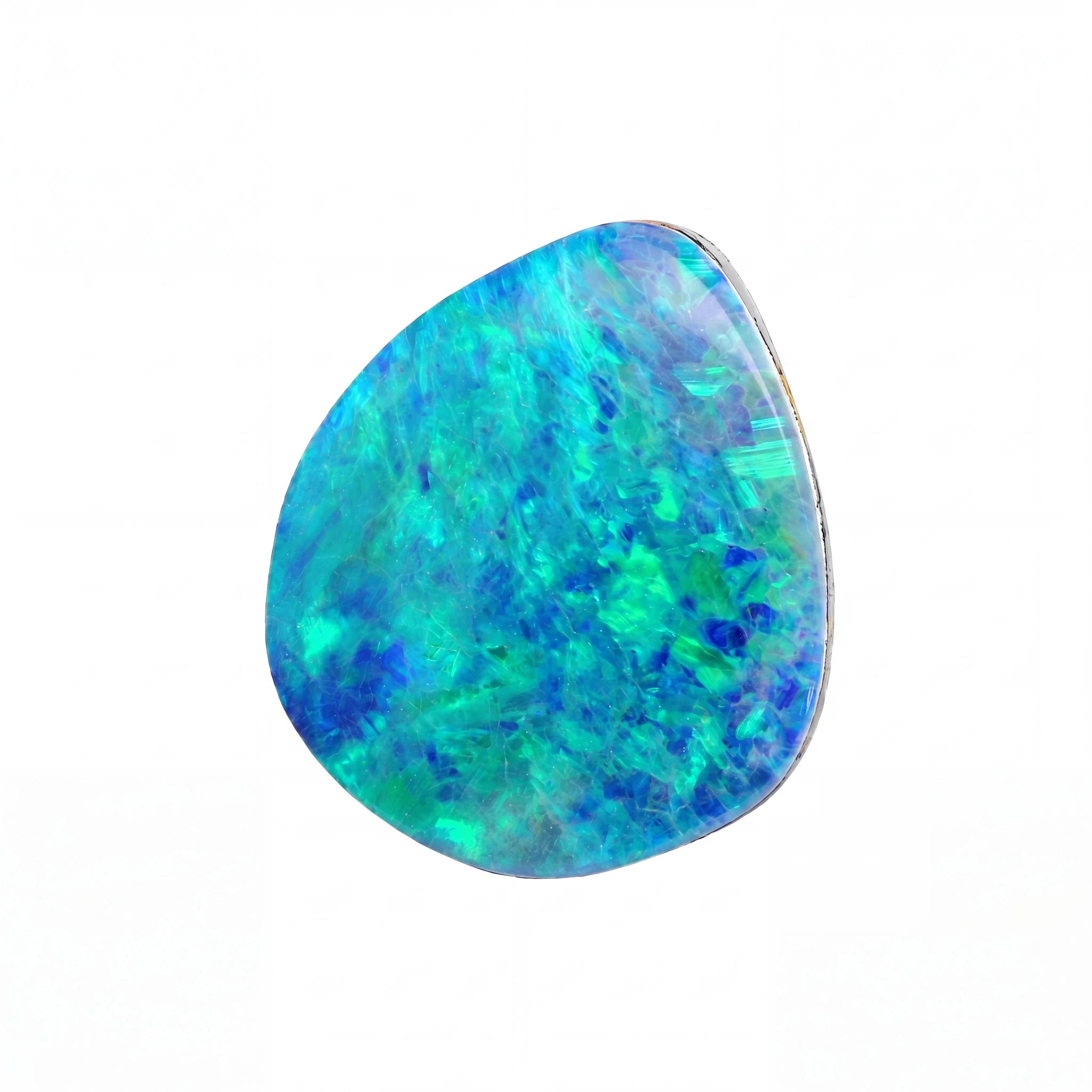 Opal stone with a silver setting on a white background