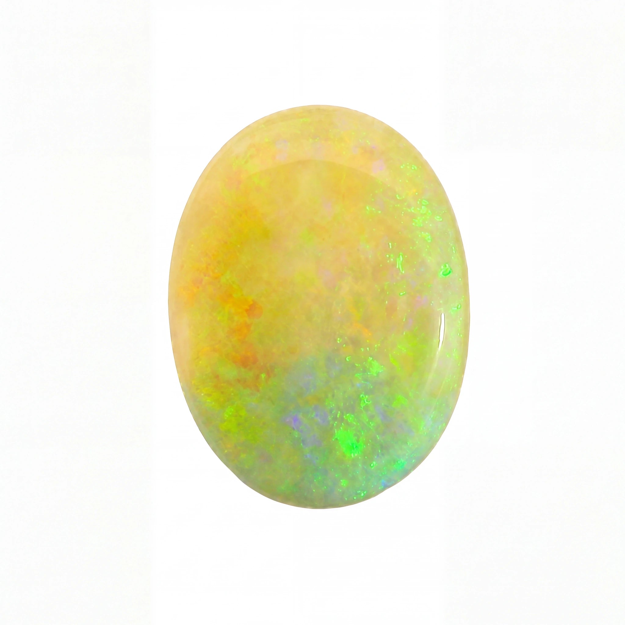 Opal stone with multicoloured play of colours on a white background
