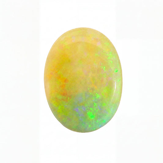 Opal stone with multicoloured play of colours on a white background