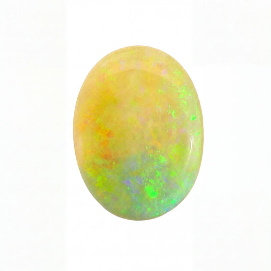Opal stone with multicoloured play of colours on a white background