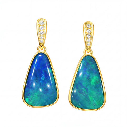 Australian Doublet Opal Earrings Blue Green 925 Gold Plated with Cubic Zirconia Drop Earrings\