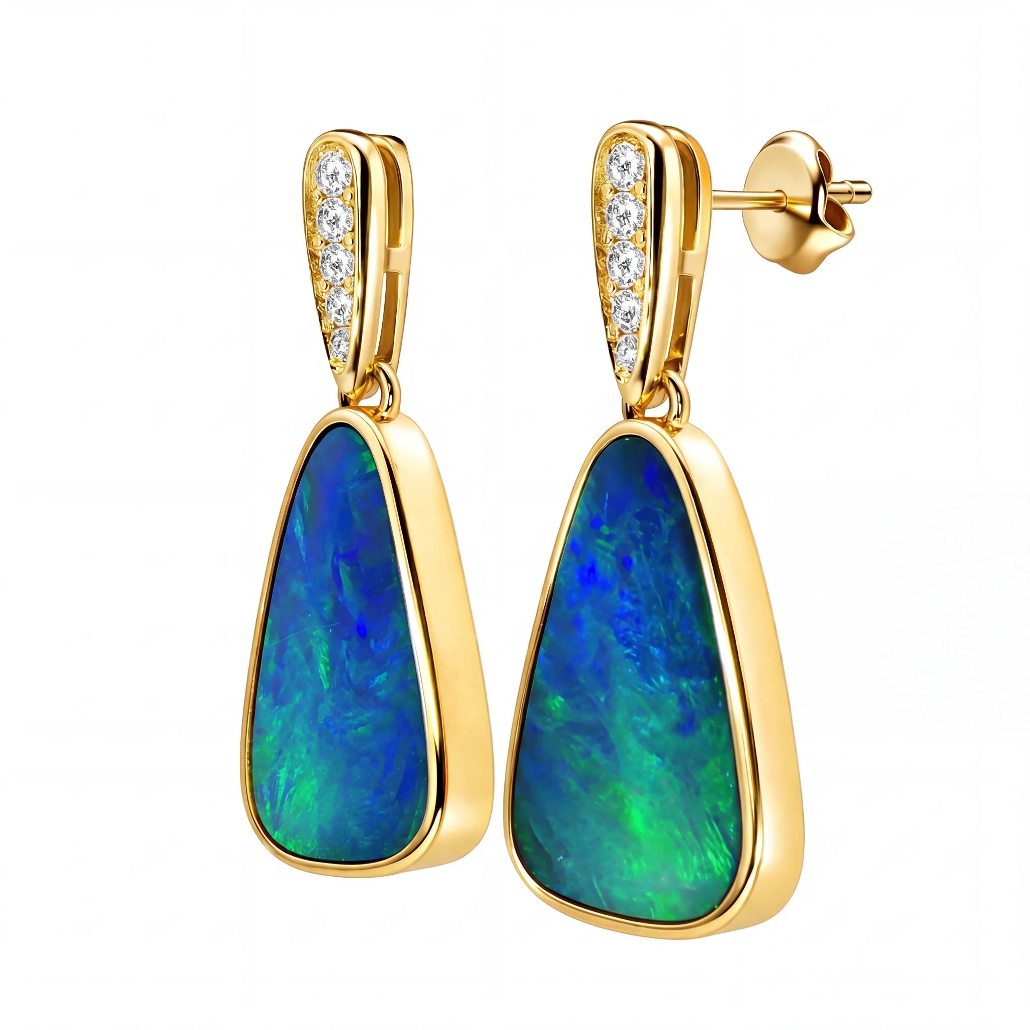 Australian Doublet Opal Earrings Blue Green 925 Gold Plated with Cubic Zirconia Drop Earrings\ - Australian Opal Cutters and Pearl Divers