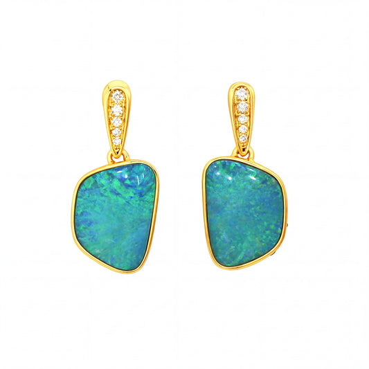 Australian Doublet Opal Earrings 14x10mm Green Blue Gold Plated with Cubic Zirconia - Australian Opal Cutters and Pearl Divers