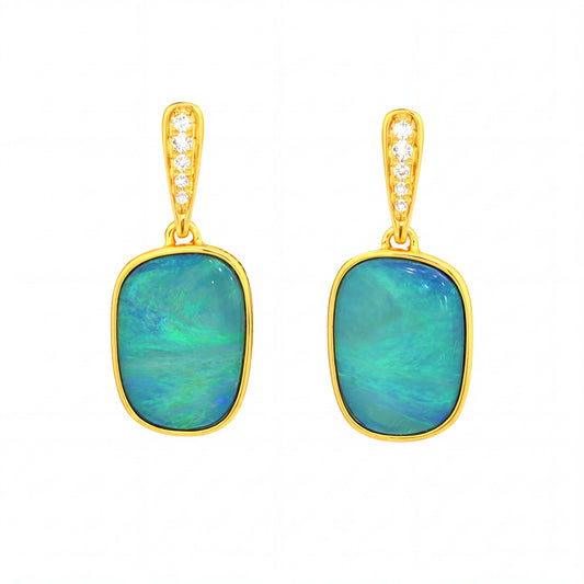Australian Doublet Opal Earrings 14x9mm Blue Green Gold Plated with Cubic Zirconia | Australian Opal Cutters