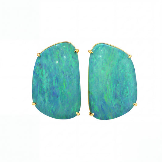 Australian Doublet Opal Earrings 23x13mm Green Blue Gold Plated Sterling Silver