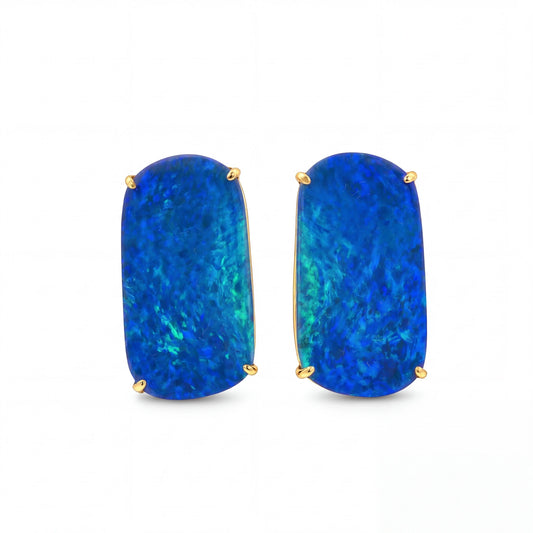Australian Doublet Opal Earrings 21x11mm Deep Blue Gold Plated Sterling Silver | Australian Opal Cutters - Australian Opal Cutters and Pearl Divers