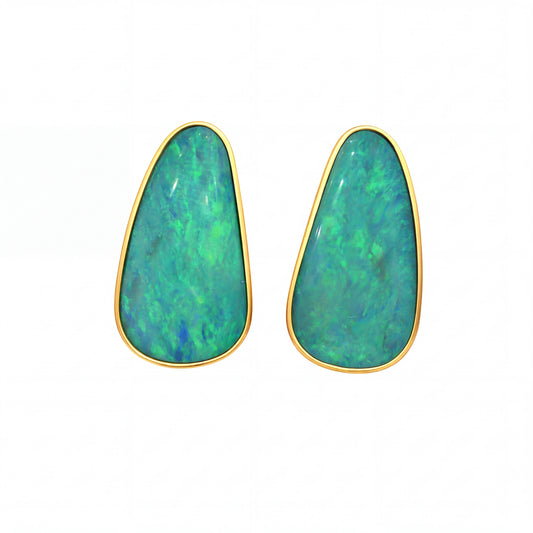 Australian Doublet Opal Earrings 25x15mm Green Blue Gold Plated Sterling Silver