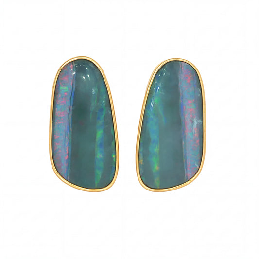 Australian Doublet Opal Earrings 24x13mm Deep Green Gold Plated Sterling Silver | Australian Opal Cutters
