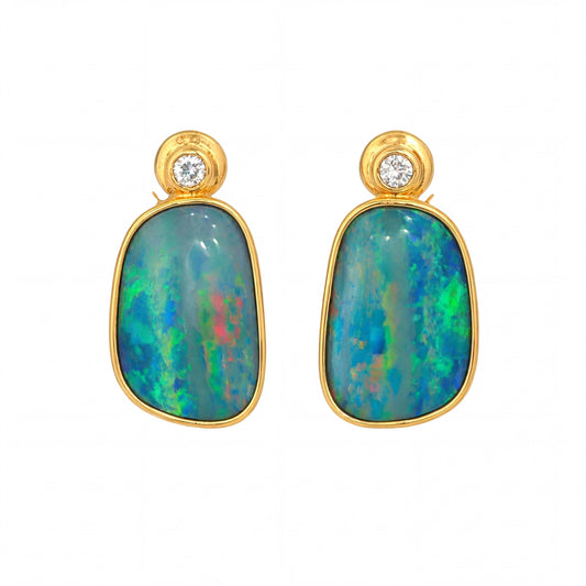 Australian Doublet Opal Earrings 15x11mm Gold Plated Sterling Silver Multicolour - Australian Opal Cutters and Pearl Divers
