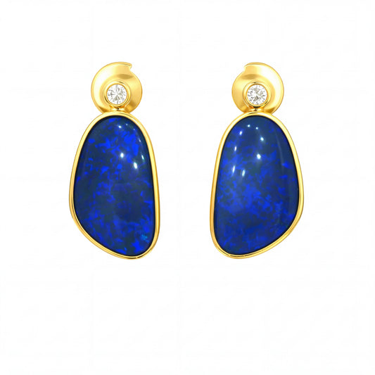 Australian Doublet Opal Earrings 14x9mm Deep Blue Gold Plated with Cubic Zirconia