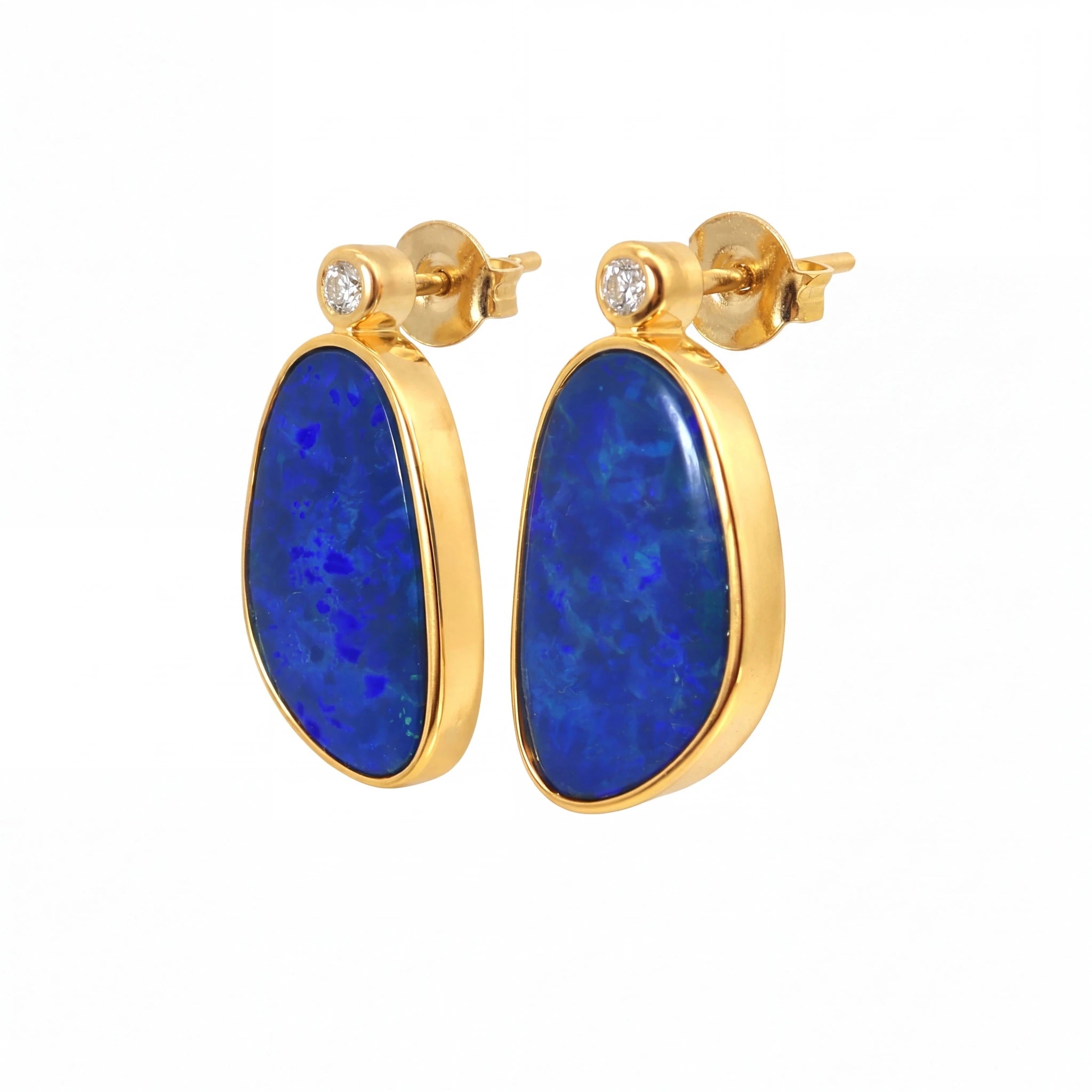 Australian Doublet Opal Earrings 14x9mm Deep Blue Gold Plated with Cubic Zirconia - Australian Opal Cutters and Pearl Divers