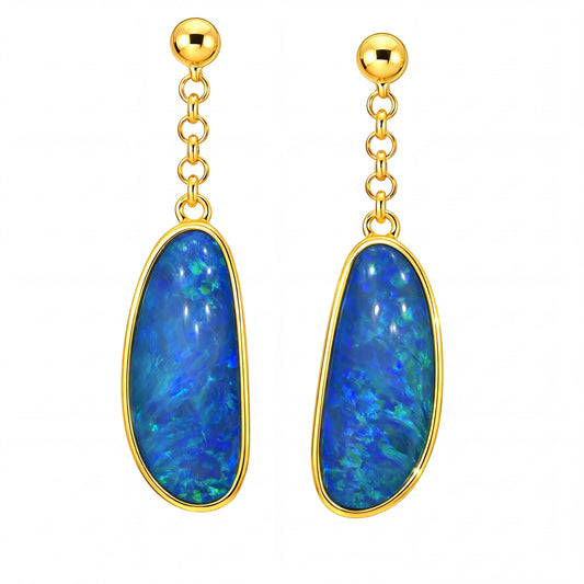 Australian Doublet Opal Drop Earrings Blue 925 Gold Plated Long Opal Earrings - Australian Opal Cutters and Pearl Divers