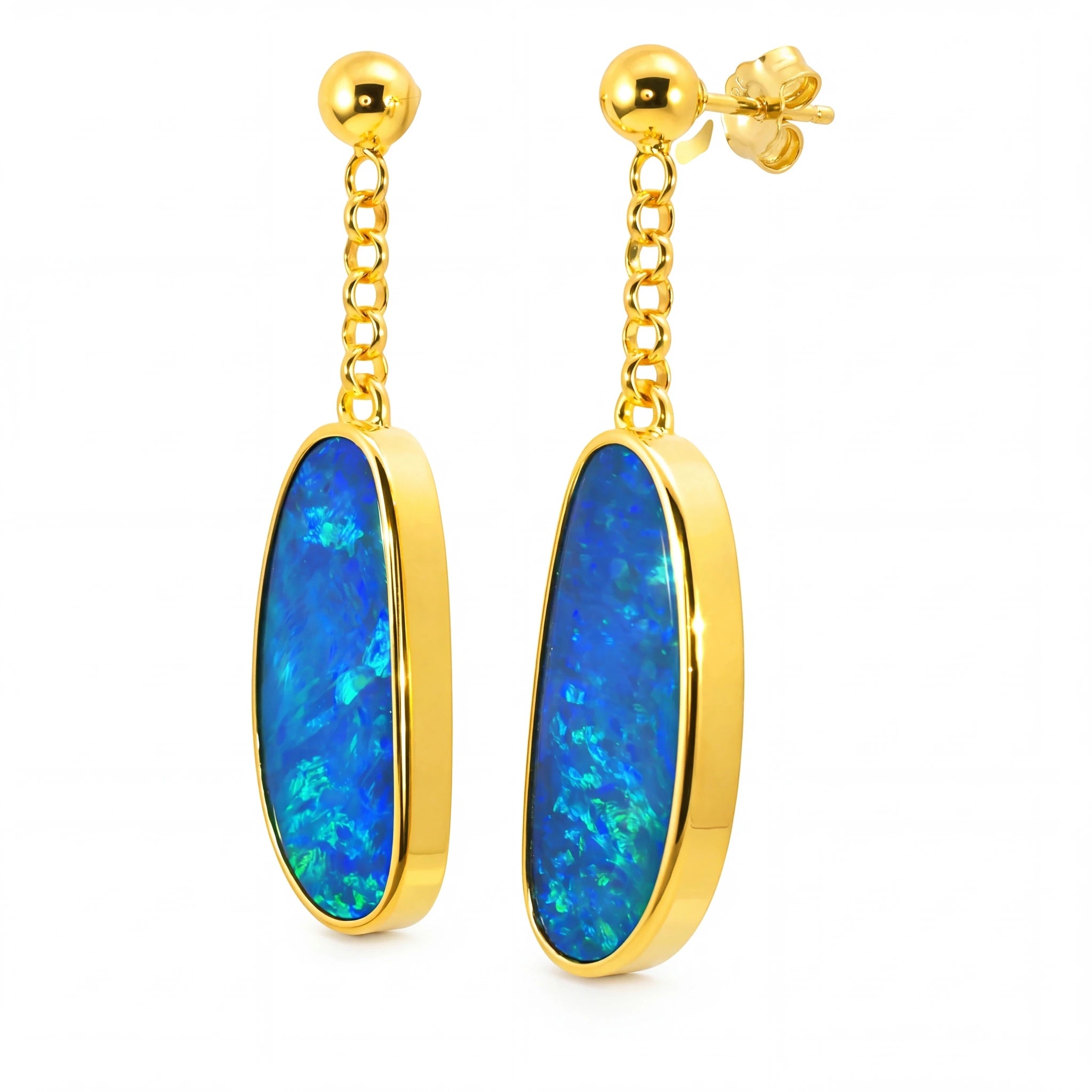 Australian Doublet Opal Drop Earrings Blue 925 Gold Plated Long Opal Earrings - Australian Opal Cutters and Pearl Divers