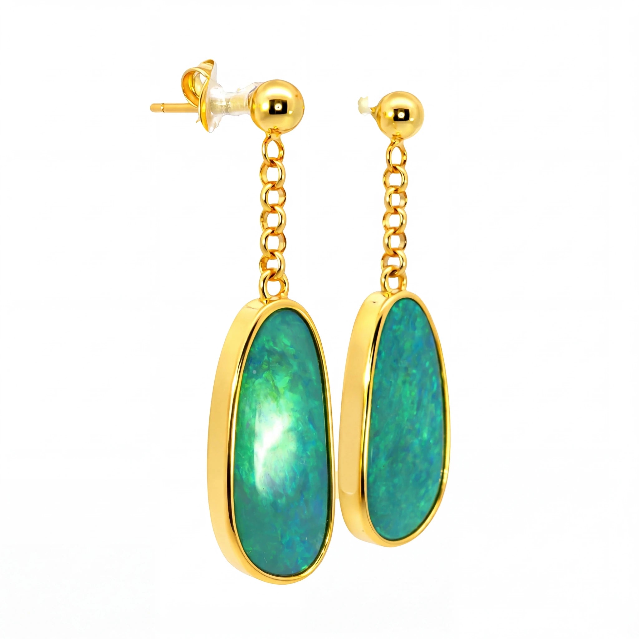 Australian Doublet Opal Drop Earrings 18x8mm Green Blue Gold Plated Sterling Silver - Australian Opal Cutters and Pearl Divers