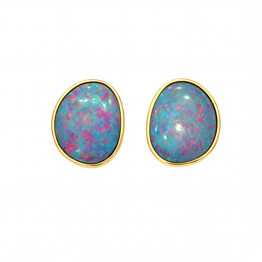 Australian Doublet Opal Earrings Pink Green Blue Gold Plated Sterling Silver - Australian Opal Cutters and Pearl Divers