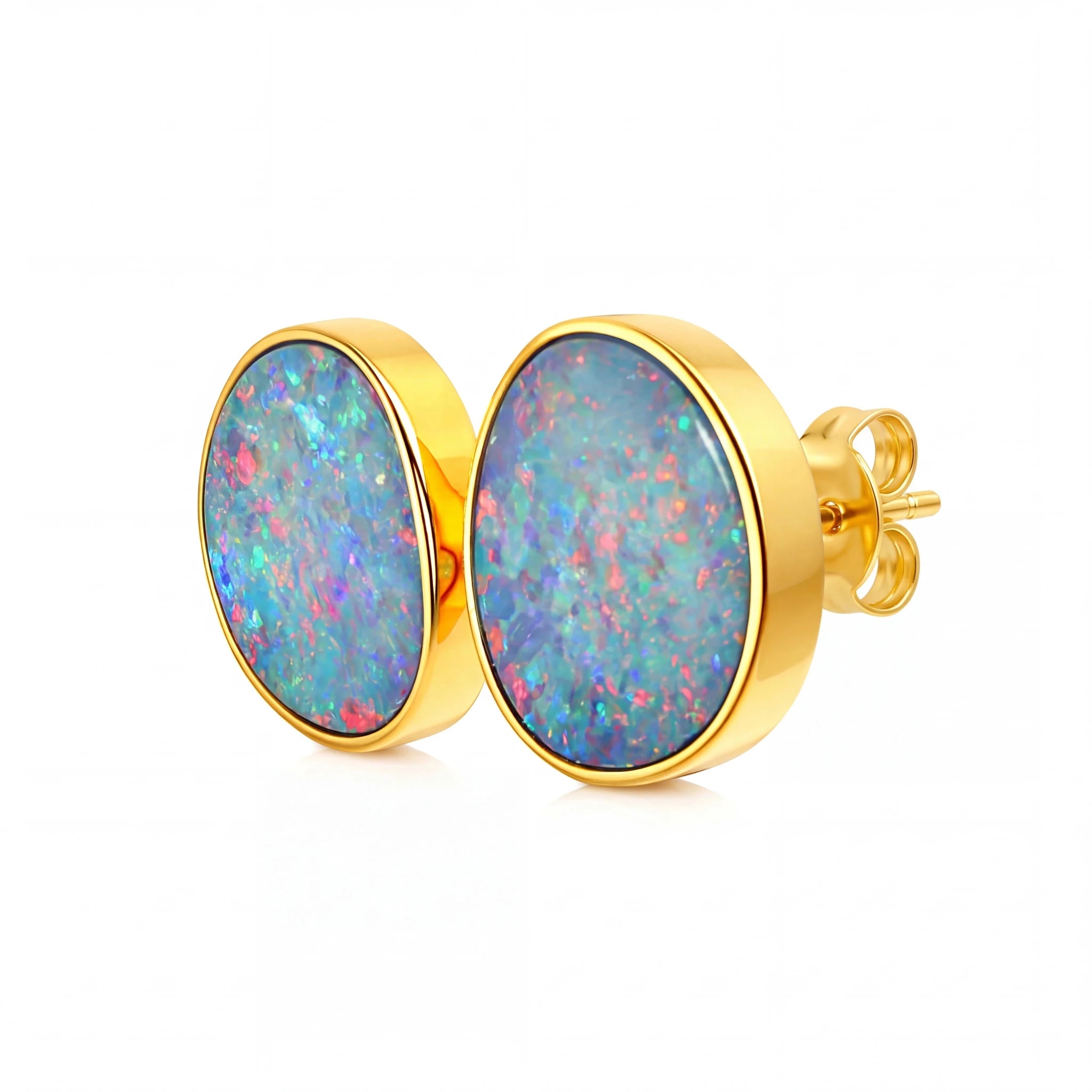 Australian Doublet Opal Earrings Pink Green Blue Gold Plated Sterling Silver - Australian Opal Cutters and Pearl Divers
