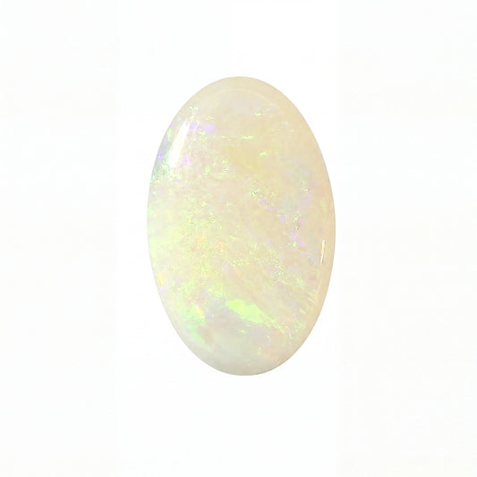 A polished oval cabochon gemstone with a milky white base and iridescent flashes of pastel green, blue, and pink, shown on a plain white background.