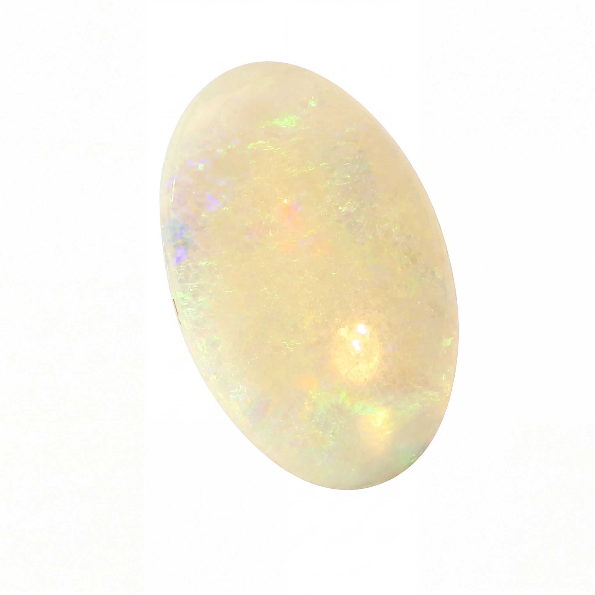 A polished oval cabochon gemstone with a milky white base and iridescent flashes of green, orange, and blue, isolated on a white background.