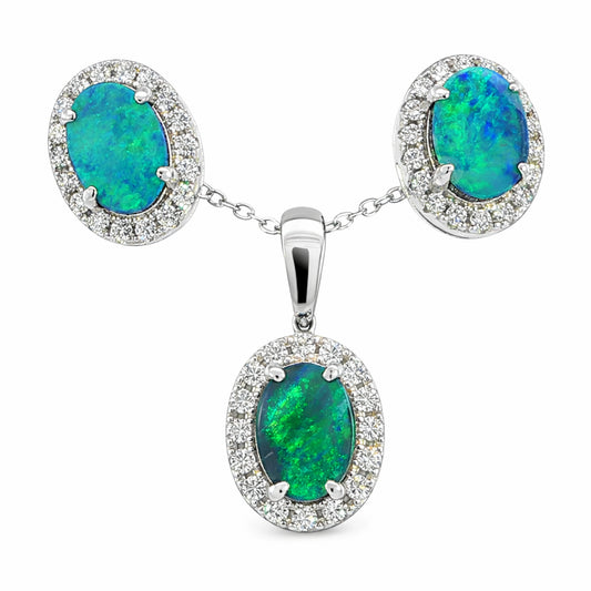 Doublet Opal Pendant and Earrings Combo Set in 925 Sterling Silver - Green and Blue