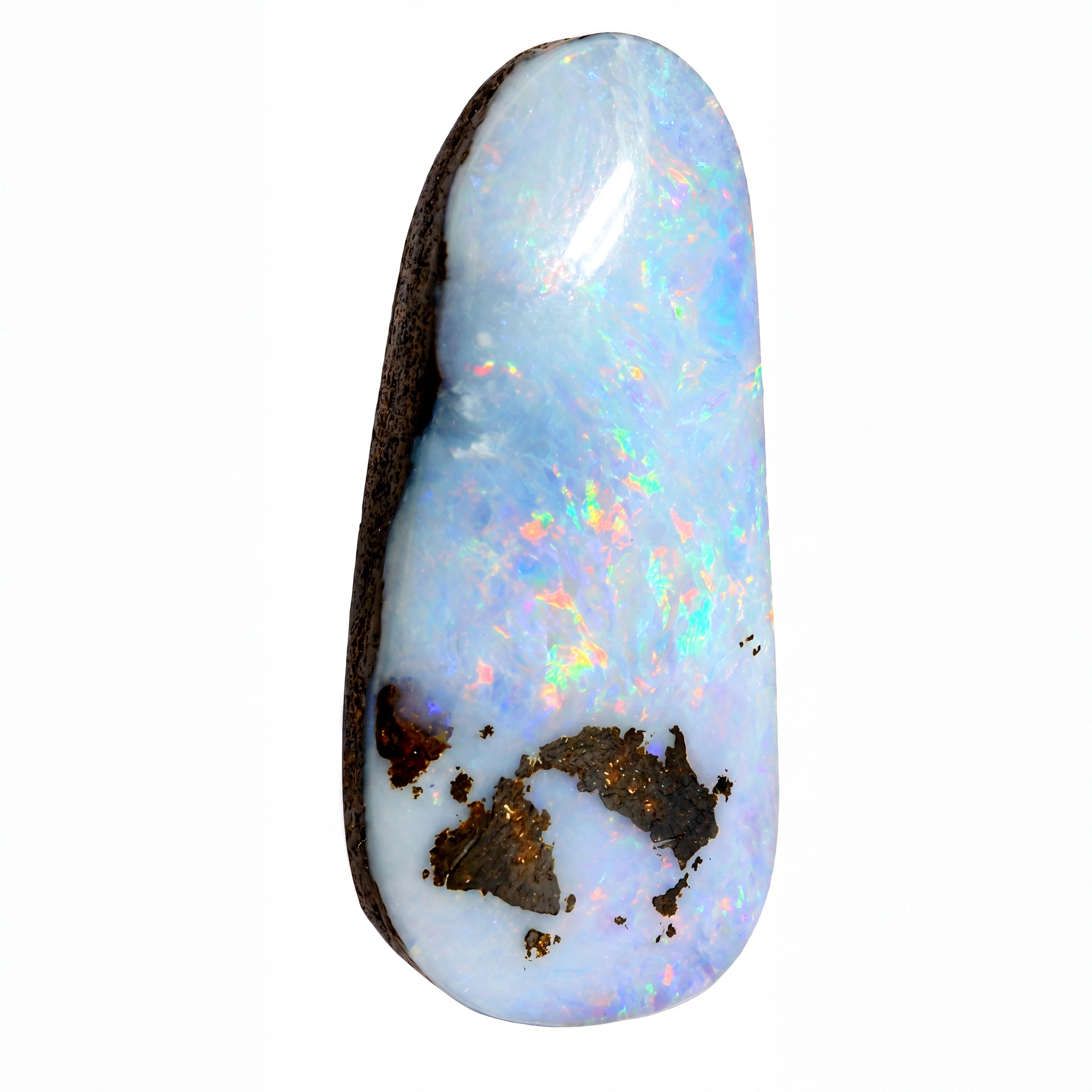 A polished natural opal stone with a white to pale blue iridescent body, showing scattered rainbow flashes and dark brown to black inclusions, photographed on a plain white background.