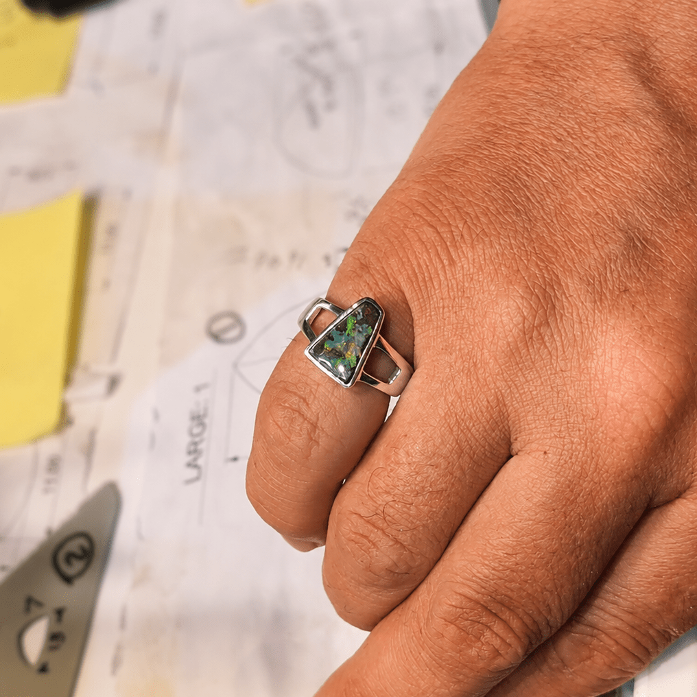 Boulder Opal Ring set in 925 Sterling Silver - Green-Blue - Australian Opal Cutters and Pearl Divers