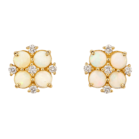Australian Light Opal Earrings set in 14K Yellow Gold with Diamonds - Multicolour - Australian Opal Cutters and Pearl Divers