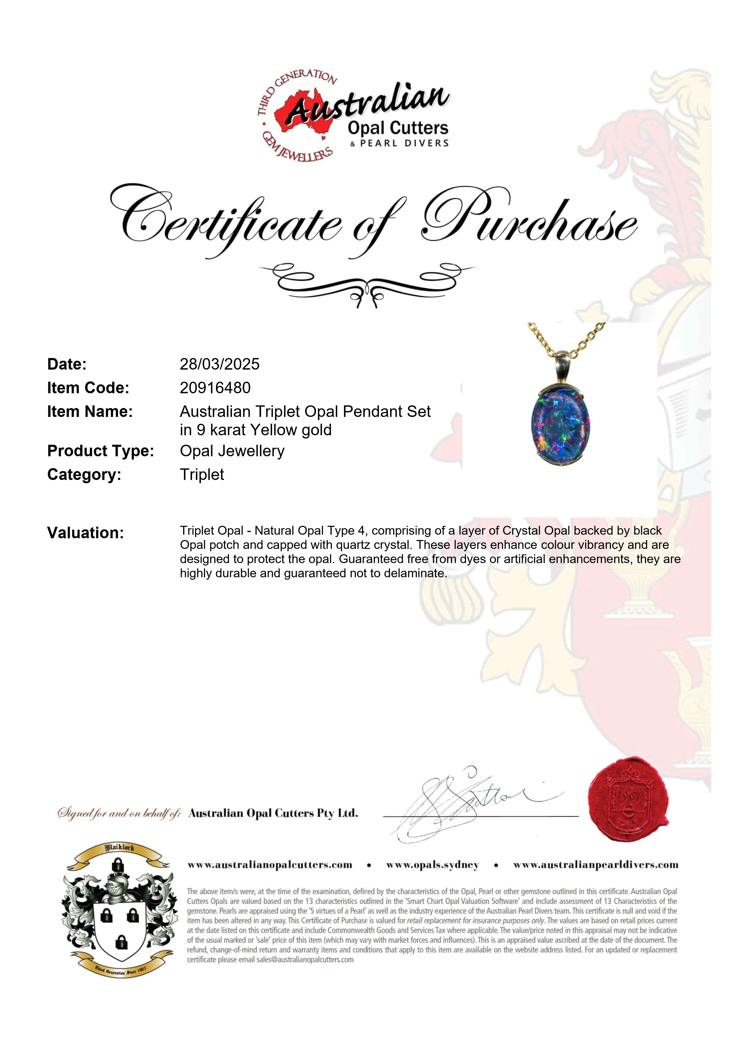 Triplet Opal Pendant in 9K Yellow Gold - Multicolour