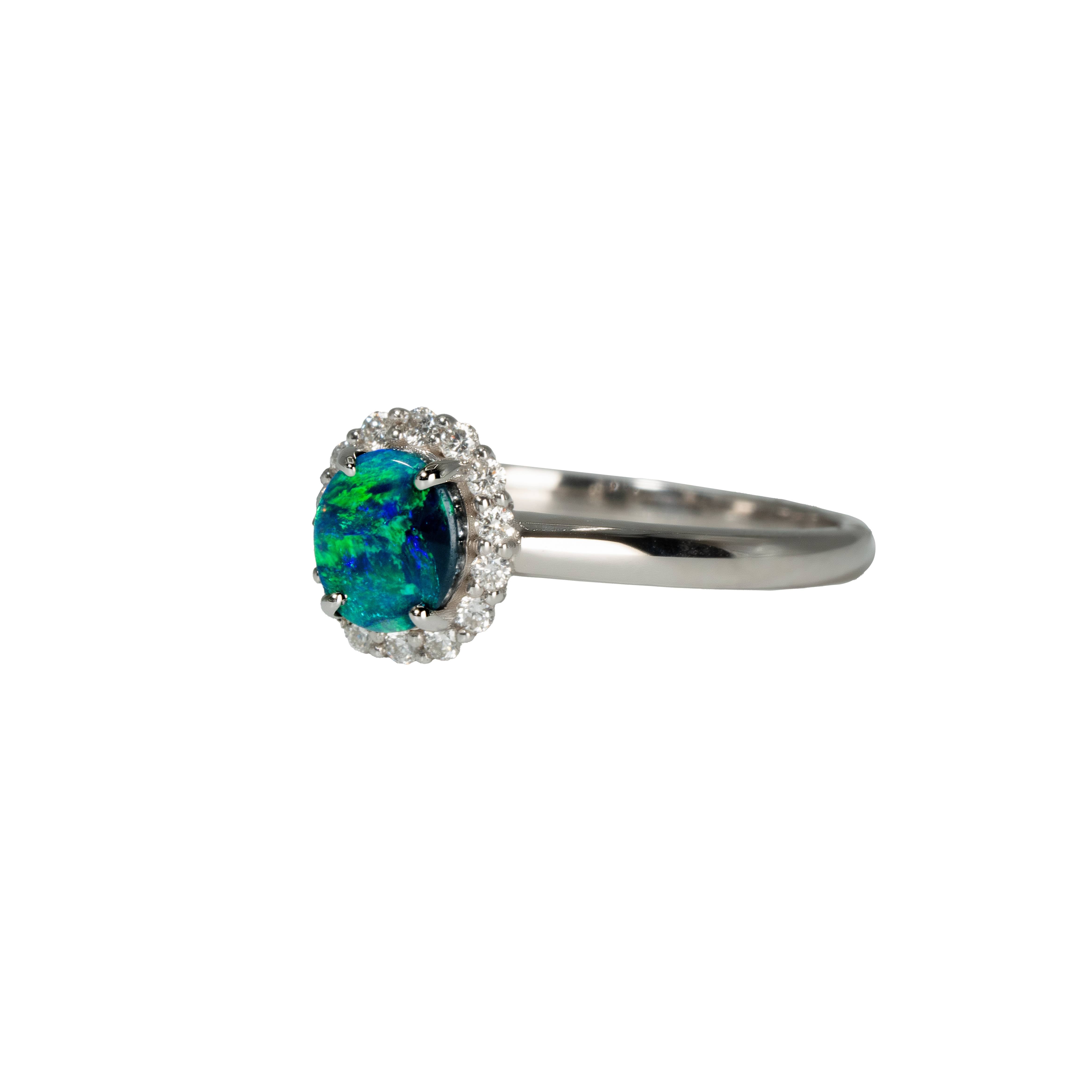 Black Opal Ring in 18K White Gold - Green-Blue
