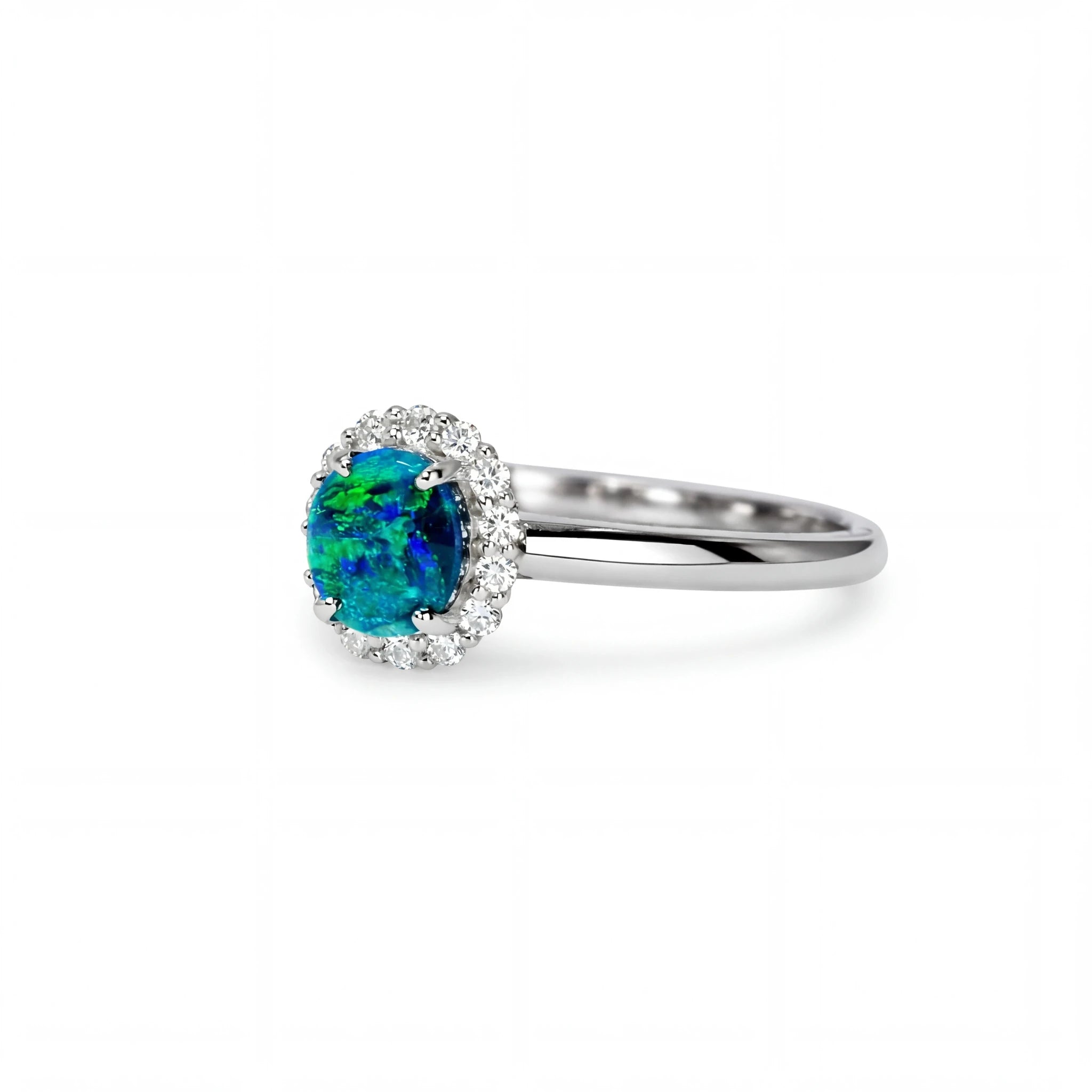 Black Opal Ring in 18K White Gold - Green-Blue - Australian Opal Cutters and Pearl Divers
