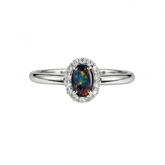 Black Opal Ring in 18K White Gold - Multicolour