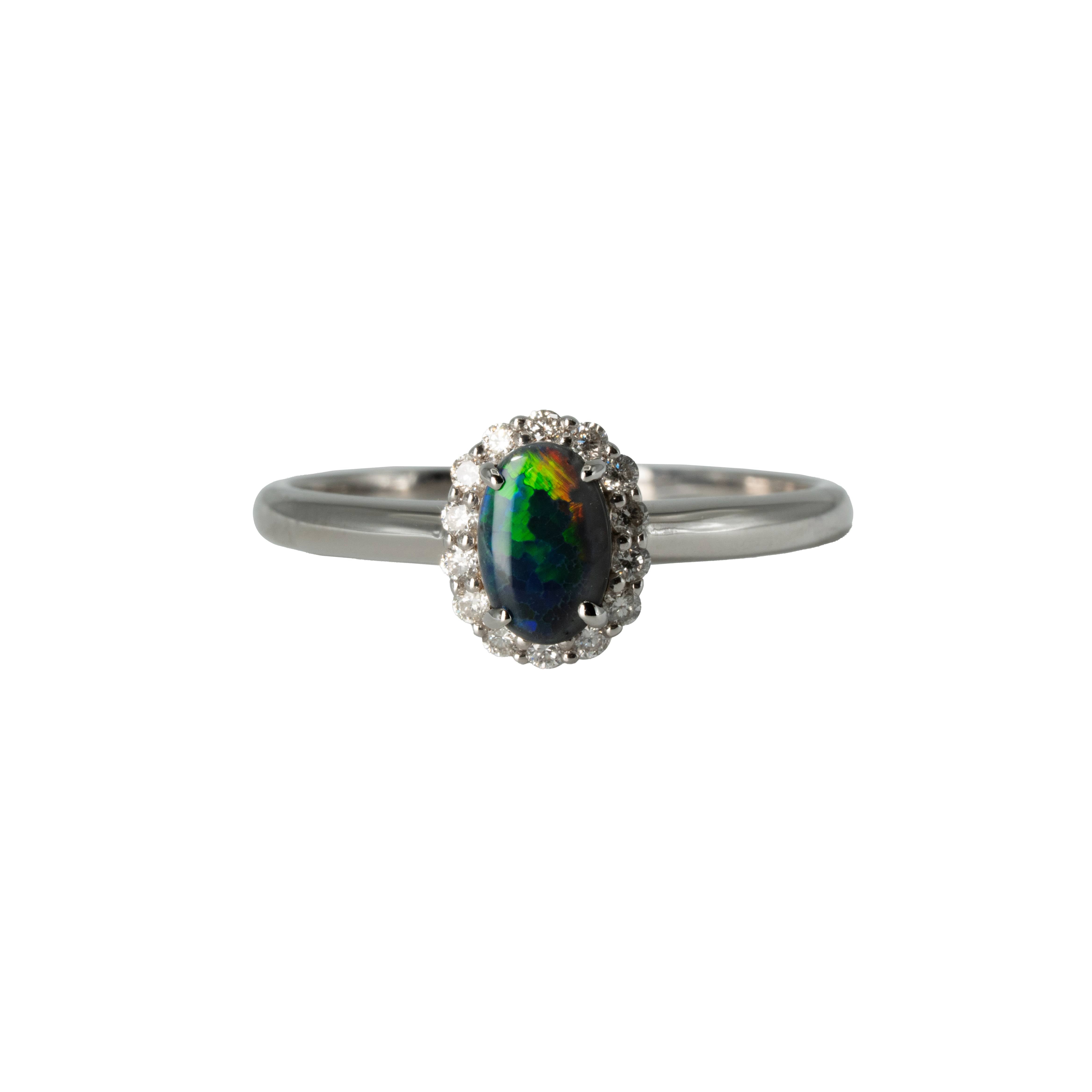 Black Opal Ring in 18K White Gold - Multicolour