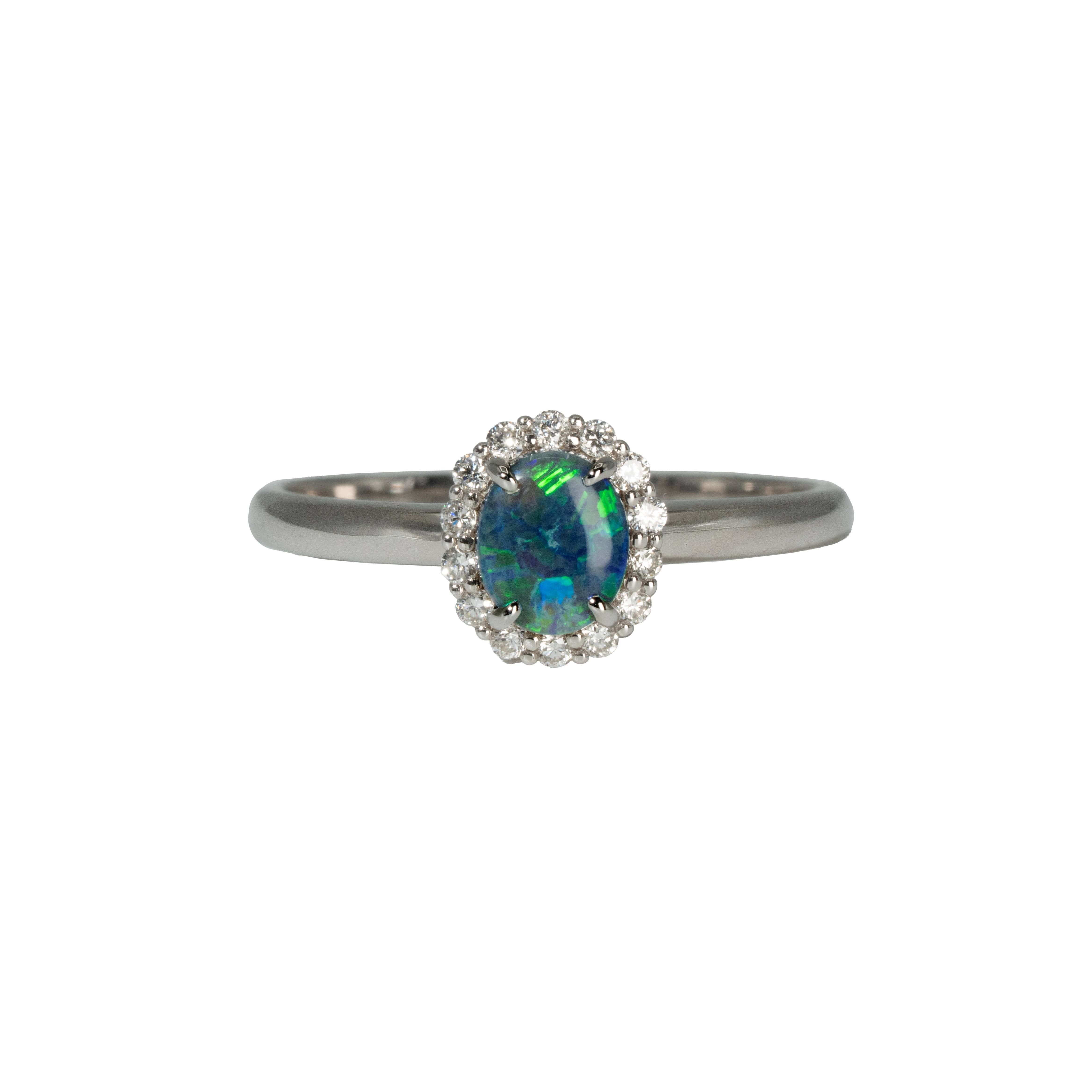Black Opal Ring in 18K White Gold - Green-Blue