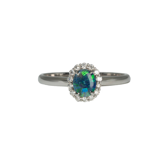 Black Opal Ring in 18K White Gold - Green-Blue