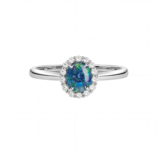 Black Opal Ring in 18K White Gold - Green-Blue - Australian Opal Cutters and Pearl Divers