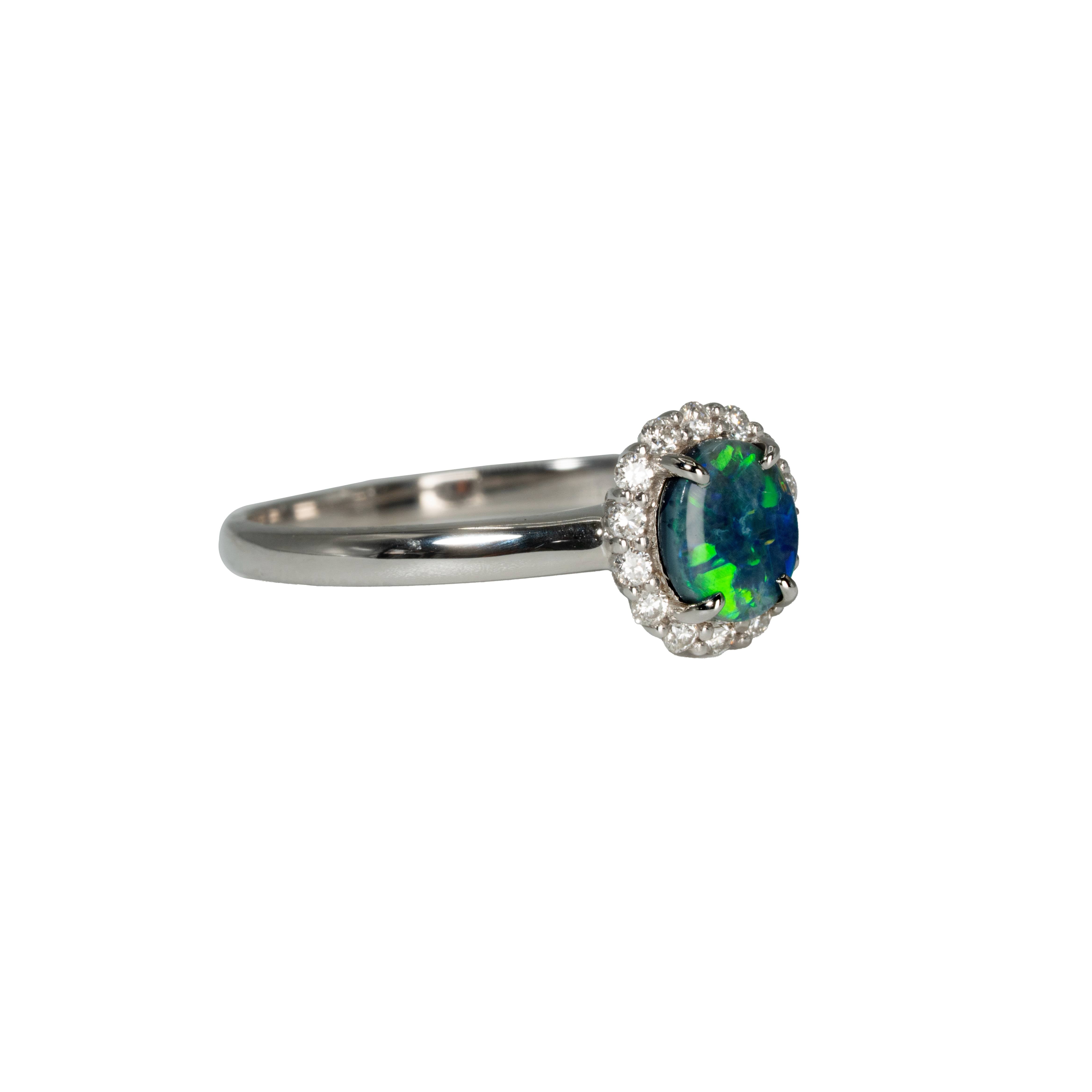 Black Opal Ring in 18K White Gold - Green-Blue
