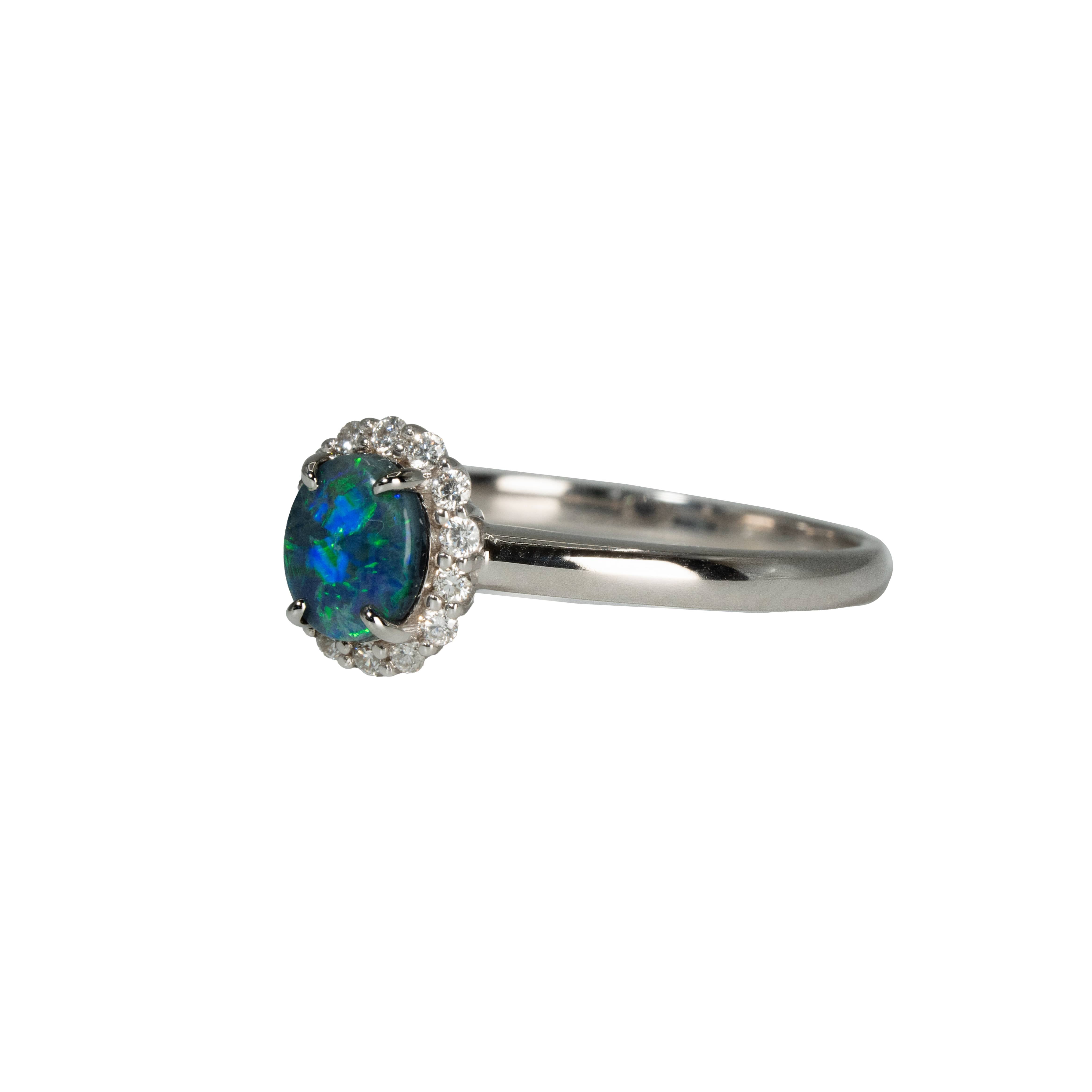 Black Opal Ring in 18K White Gold - Green-Blue