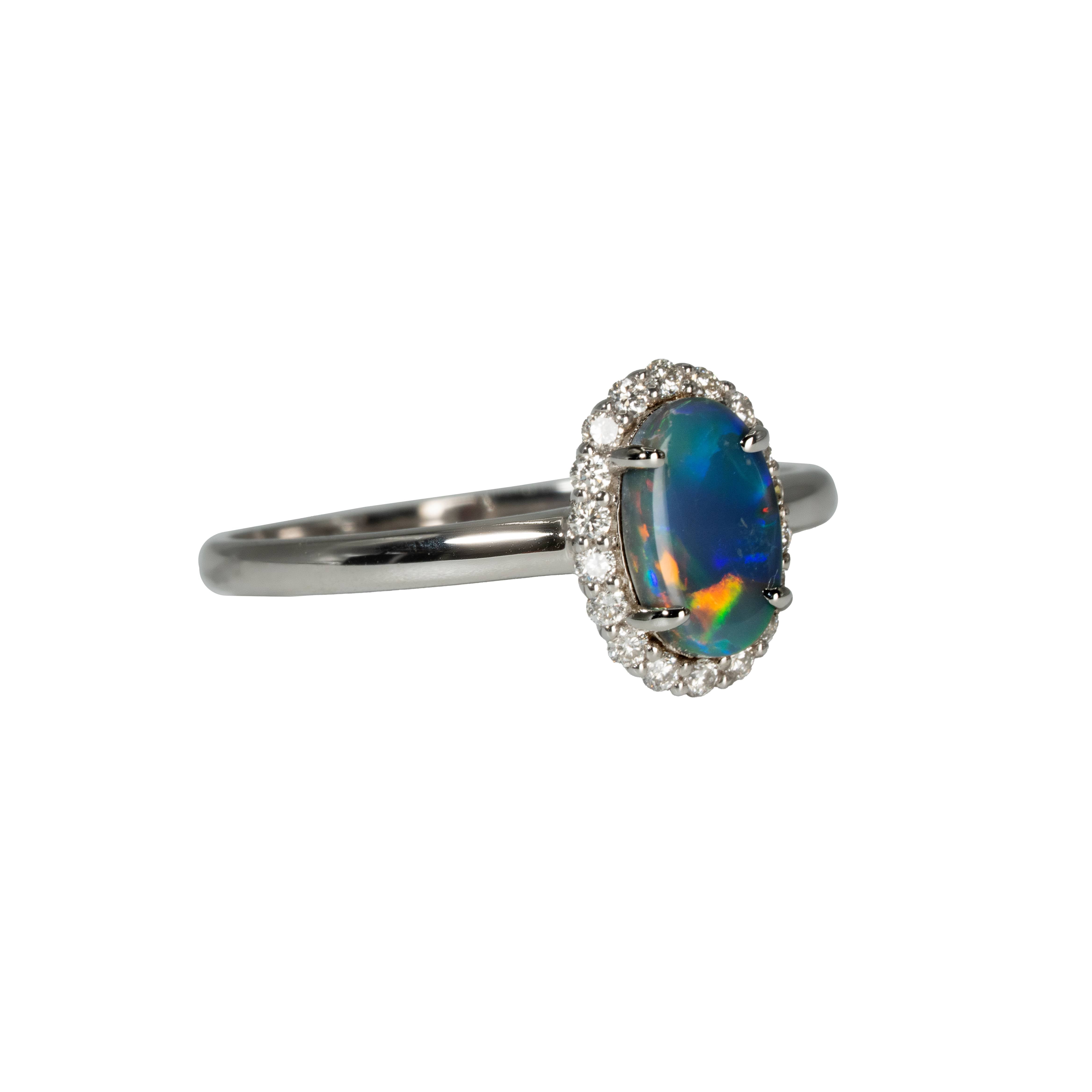 Black Opal Ring in 18K White Gold - Multicolour