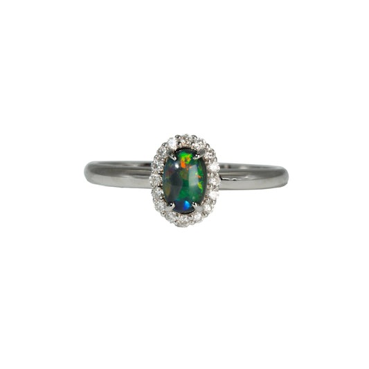Black Opal Ring in 18K White Gold - Multicolour