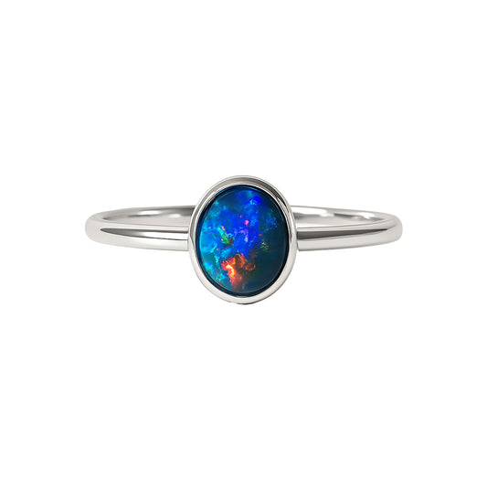 Black Opal Ring in 14K White Gold - Multicolour