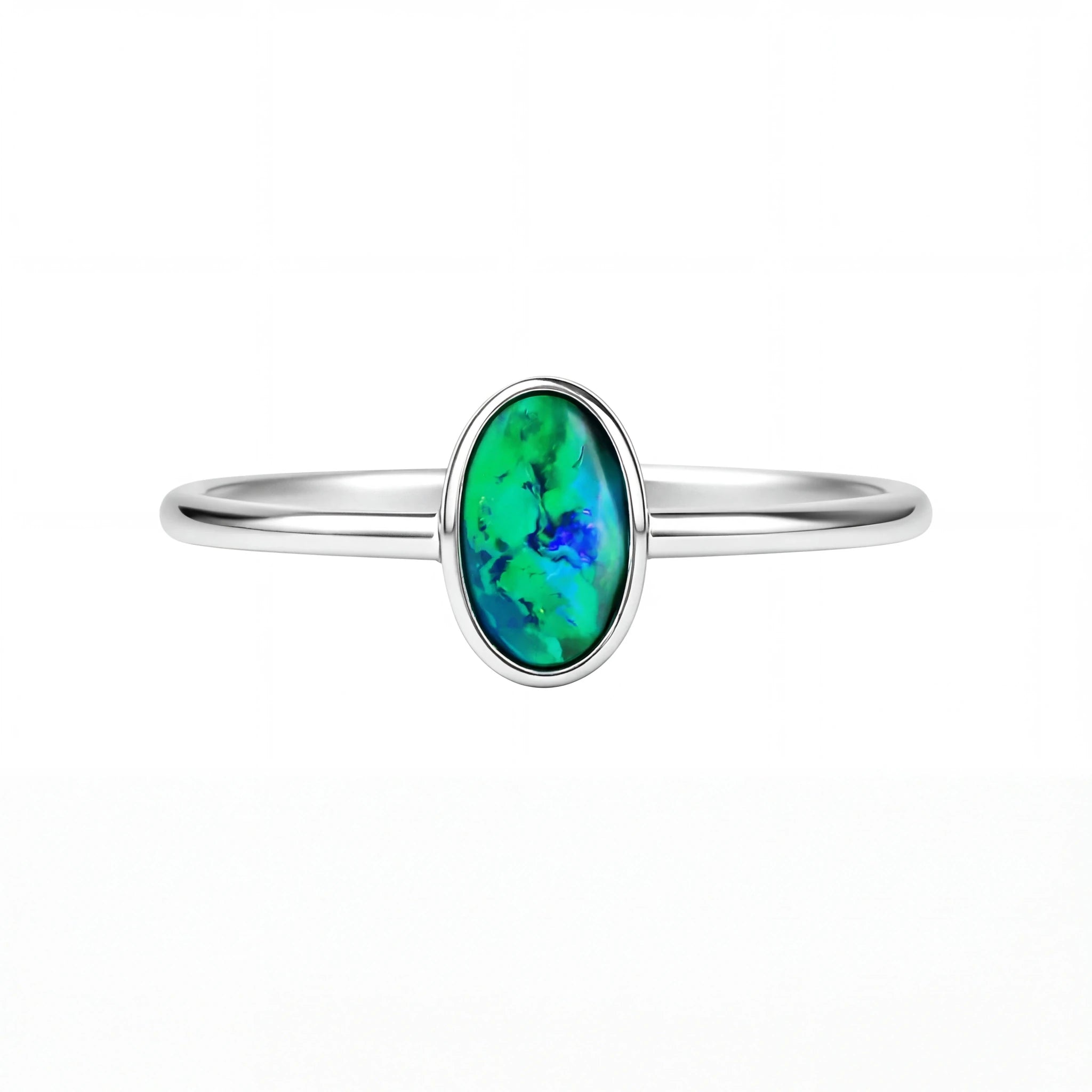 Black Opal Ring in 14K White Gold - Green-Blue - Australian Opal Cutters and Pearl Divers