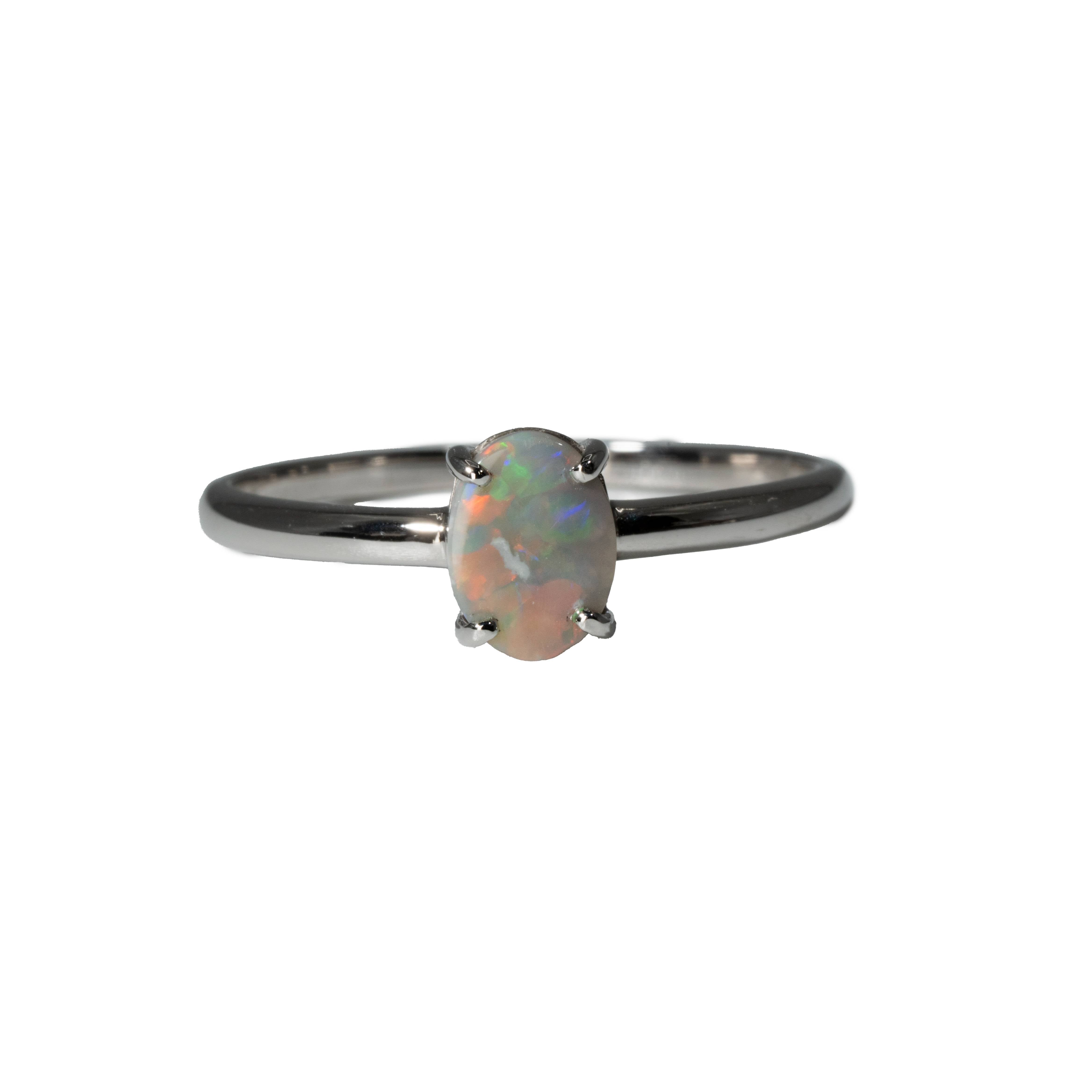 Black Opal Ring in 14K White Gold - Multicolour