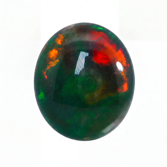 Opal stone with green, red, and orange colours on a white background