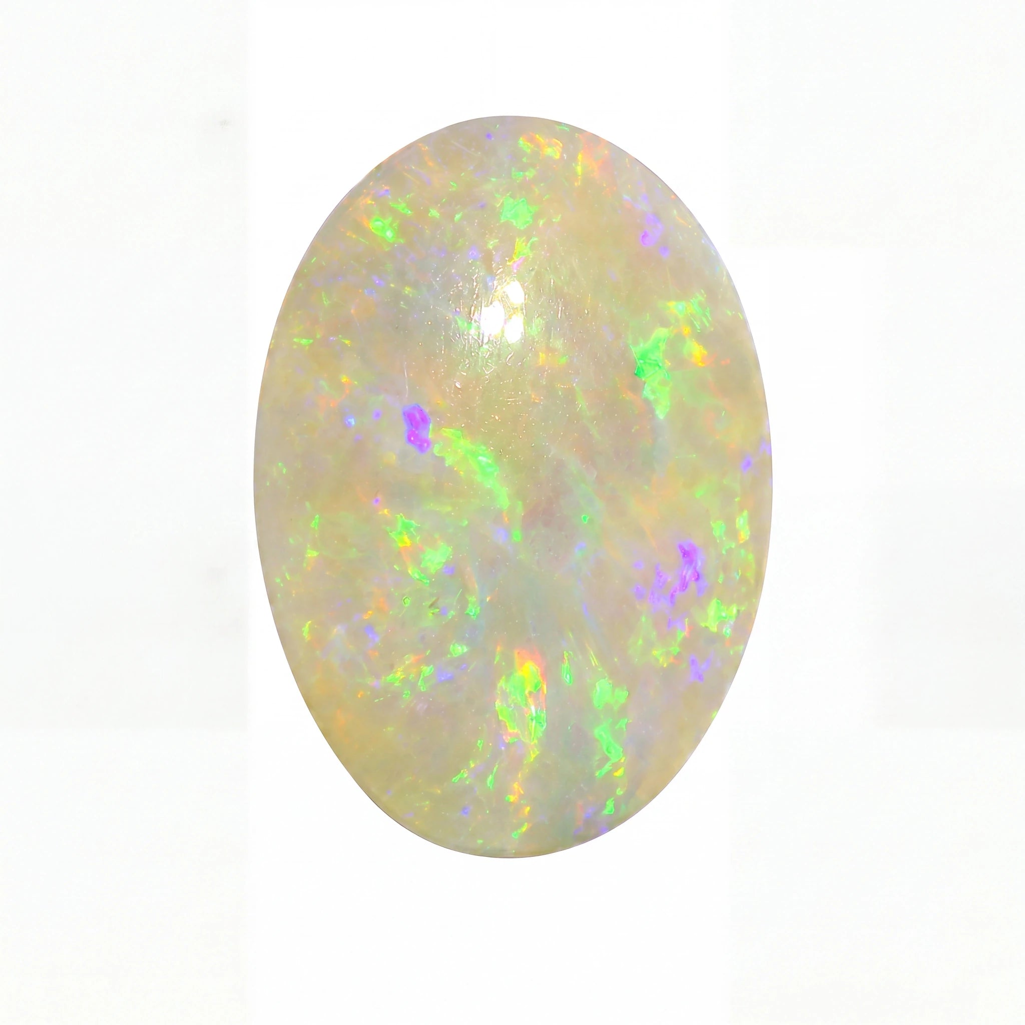 Oval-shaped opal gemstone with multicoloured play of light on a white background