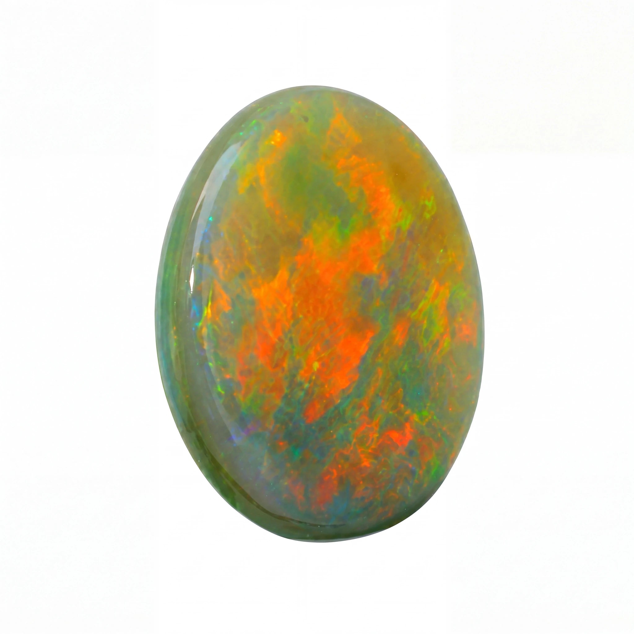 A polished oval cabochon gemstone showing vibrant opal patterns with bright orange, green, and blue flashes on a white background.