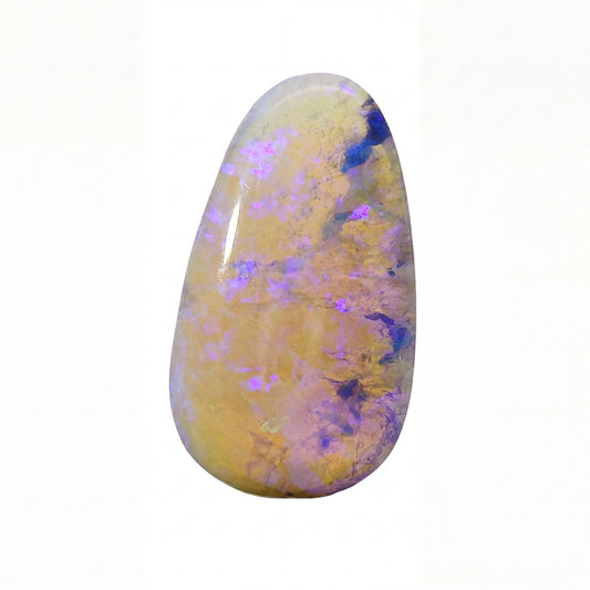 Opal stone with purple and yellow colours on a white background