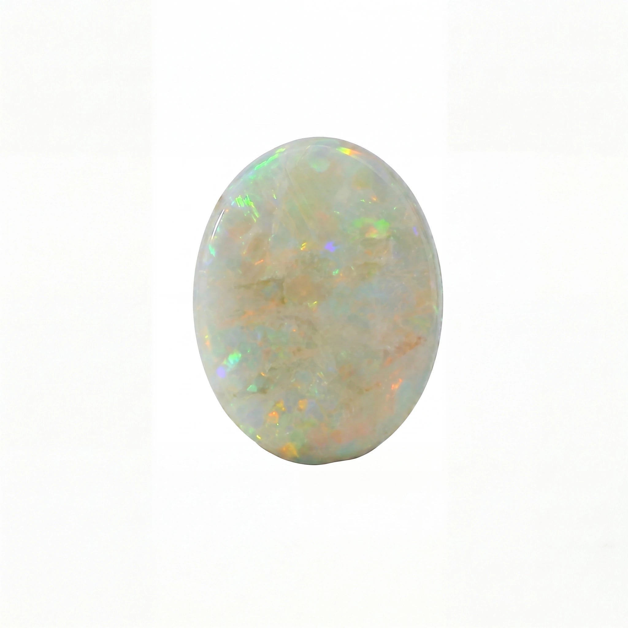 Opal stone with multicoloured play of light on a white background